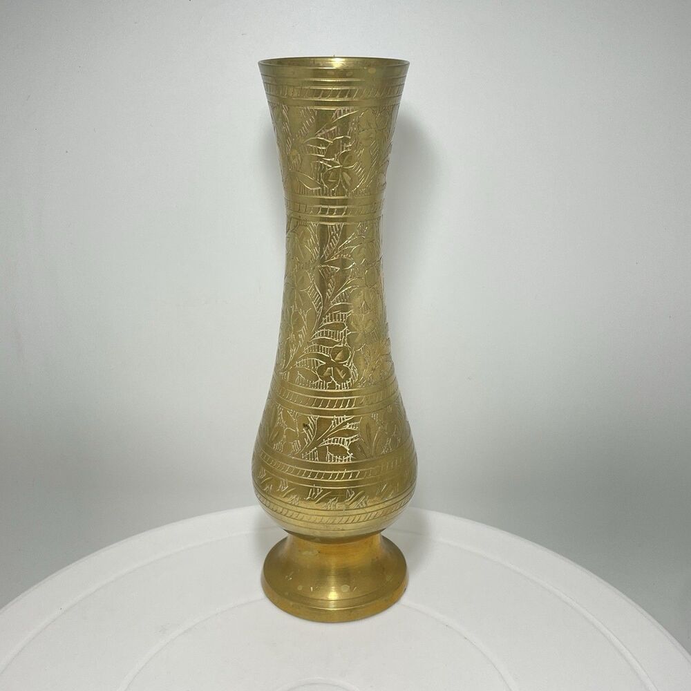 Vintage Etched Brass Floral Bud Vase Hand Engraved India Boho Decorative MCM - Picture 1 of 9
